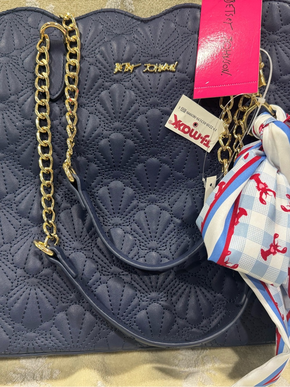 Betsey Johnson Navy Quilted Tote with Gold Chain Handles—NWT